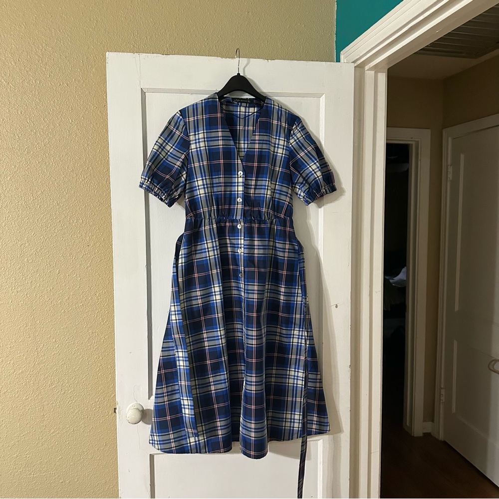 Zara Button Down Tartan Plaid Taffeta Belted Pocketed Dress Sz S